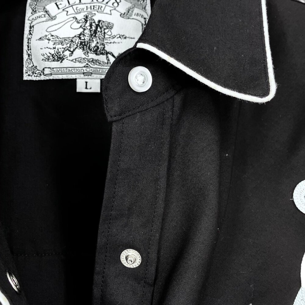 Ely Cattleman For Her Pearl Snap Shirt L Black Western Rodeo Cowgirl Rockabilly - Picture 6 of 16